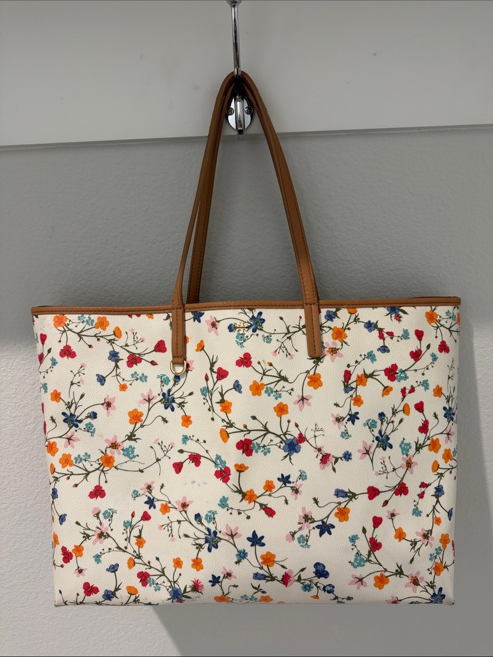 Tory Burch Cream Floral Tote with Tan Handles